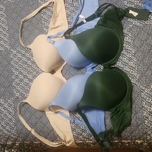 Blue, green, and nude set of 3 bras